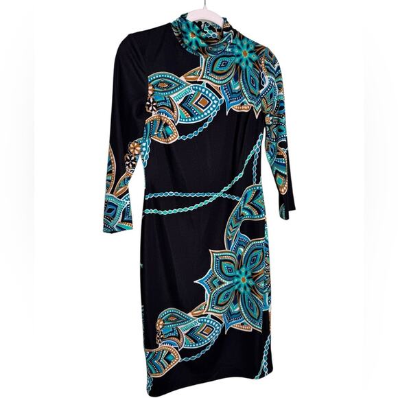 Cache Black & Teal Floral Chain Print Sheath Dress 3/4 Sleeve Size 2 - Picture 3 of 12
